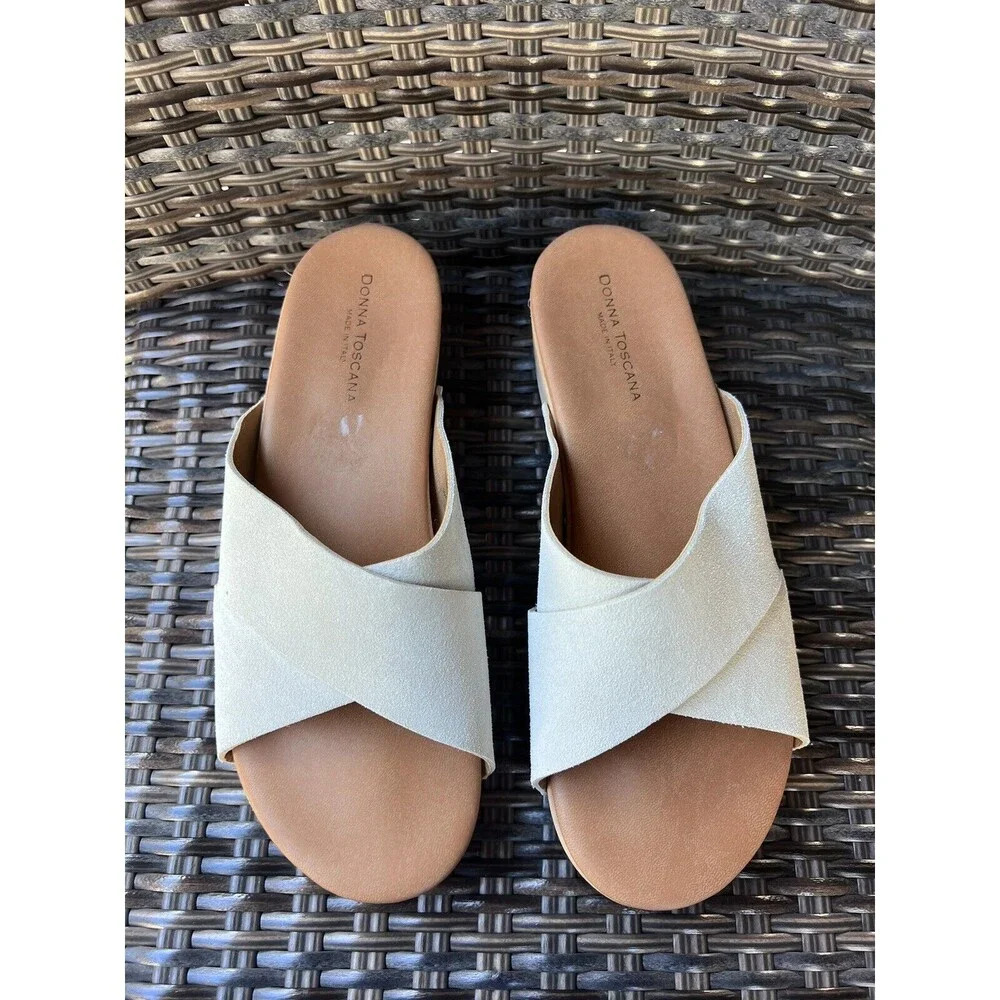 Donna Toscana Italy Womens Size‎ 9 Shoes Beige Suede Slides Wood Sandals New